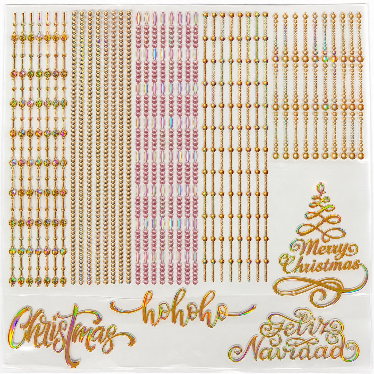 Christmas holographic UVDTF sheet with beaded dangles and lettering