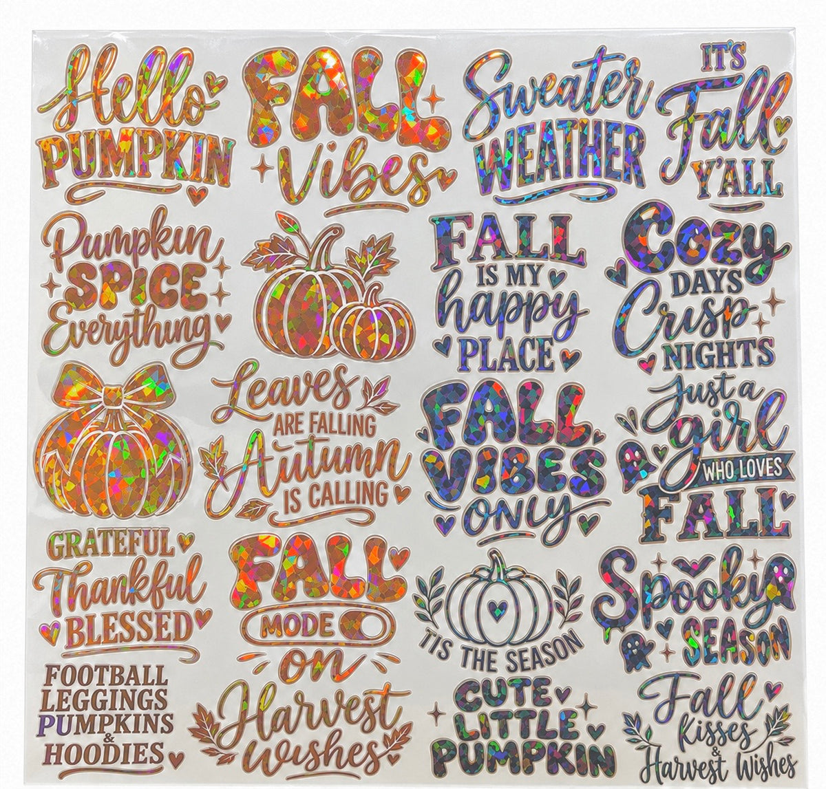 Fall holographic UVDTF sheet with autumn sayings and pumpkins