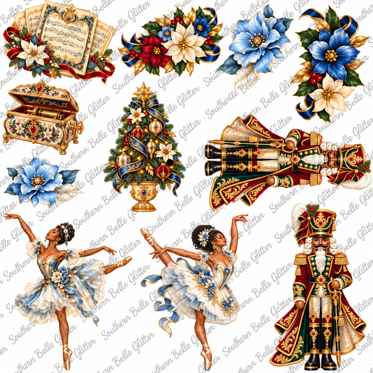 Nutcracker Ballerina 1 UVDTF transfer sheet with Southern Belle Glitter watermark on white background