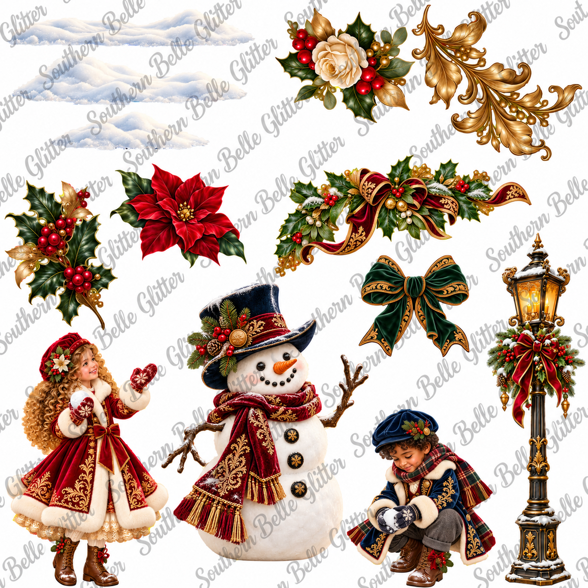 Victorian Children UVDTF transfer sheet with Southern Belle Glitter watermark on white background