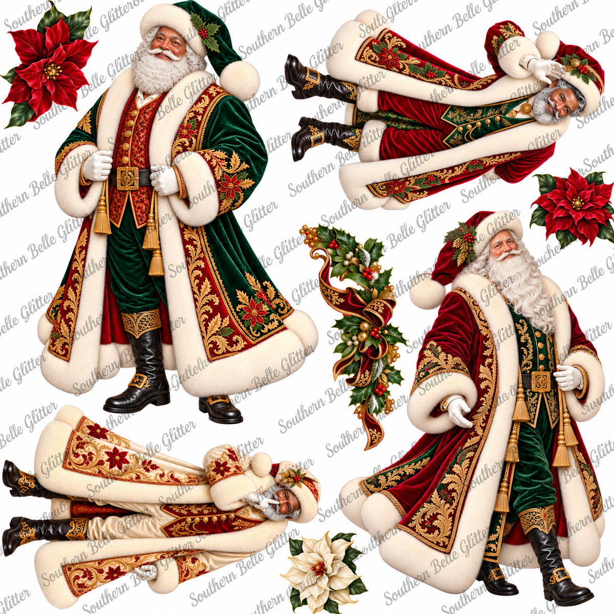 Victorian Santa set UVDTF transfer sheet with Southern Belle Glitter watermark on white background