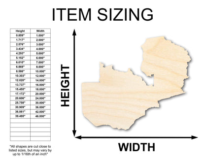 Unfinished Wood Zambia Country Shape - Southern Africa Craft - up to 46" DIY