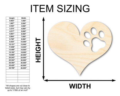 Unfinished Wood Pawprint Heart Shape | Valentine's Day | Pet | DIY Craft Cutout | Up to 46"