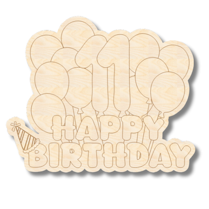 Unfinished Wood Etched 11th Birthday Balloons Shape | Paint By Line Crafts | up to 30" DIY