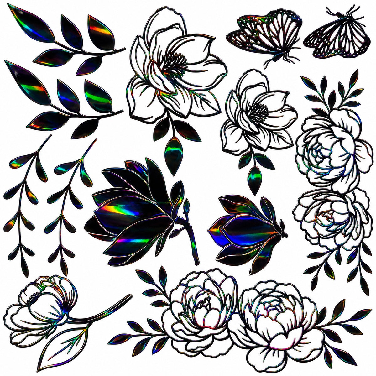 Black Holographic Florals and Butterflies