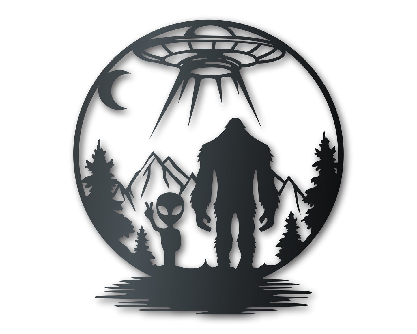 Bigfoot and Alien Metal Wall Art | Indoor Outdoor | Up to 46" | Over 20 Color Options