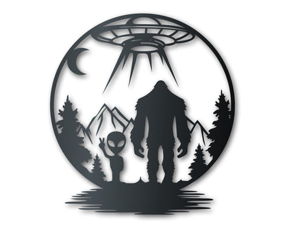 Bigfoot and Alien Metal Wall Art | Indoor Outdoor | Up to 46" | Over 20 Color Options