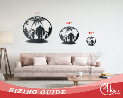 Bigfoot and Alien Metal Wall Art | Indoor Outdoor | Up to 46" | Over 20 Color Options
