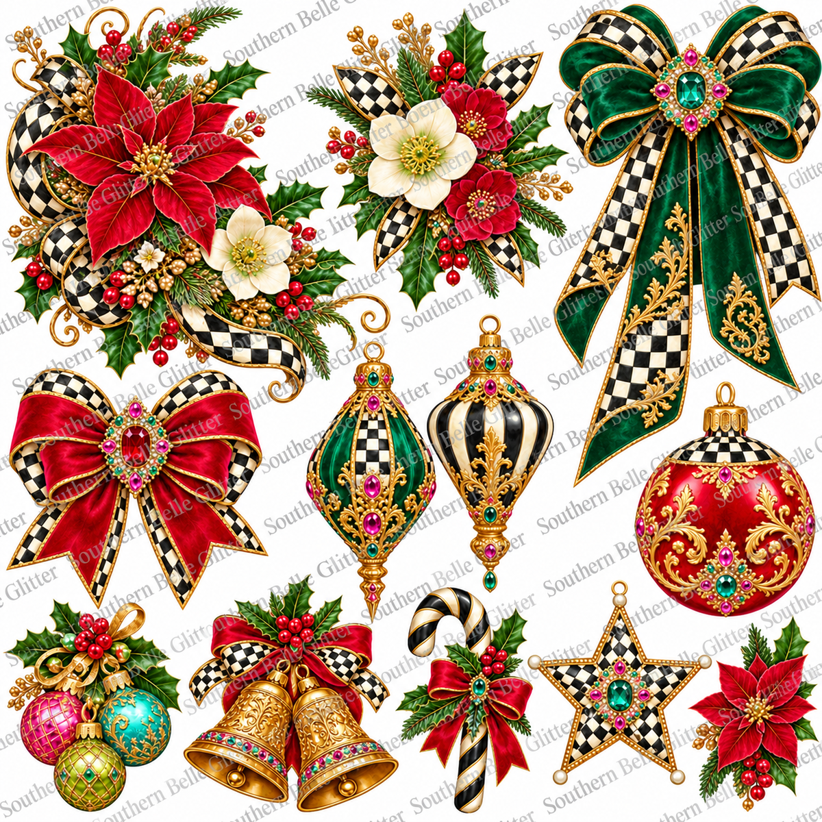 Christmas Court Jeweled Florals & Bows – 10x10 UVDTF