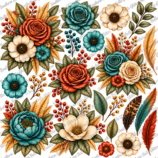 Rustic Teal Blooms – UVDTF Accent Sheet