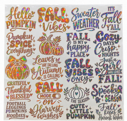 Fall holographic UVDTF sheet with autumn sayings and pumpkins