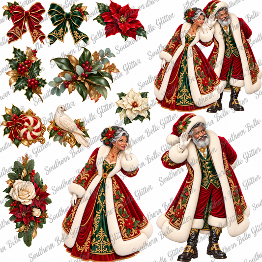 Mr and Mrs Claus 1 UVDTF transfer sheet with Southern Belle Glitter watermark on white background