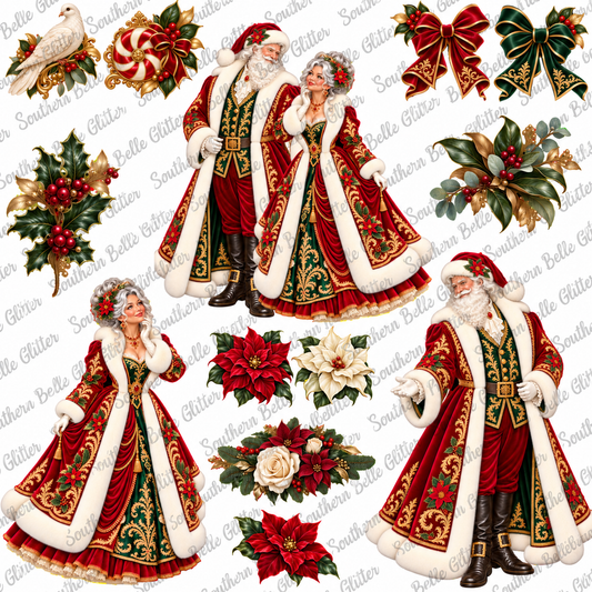 Mr and Mrs Claus 2 UVDTF transfer sheet with Southern Belle Glitter watermark on white background