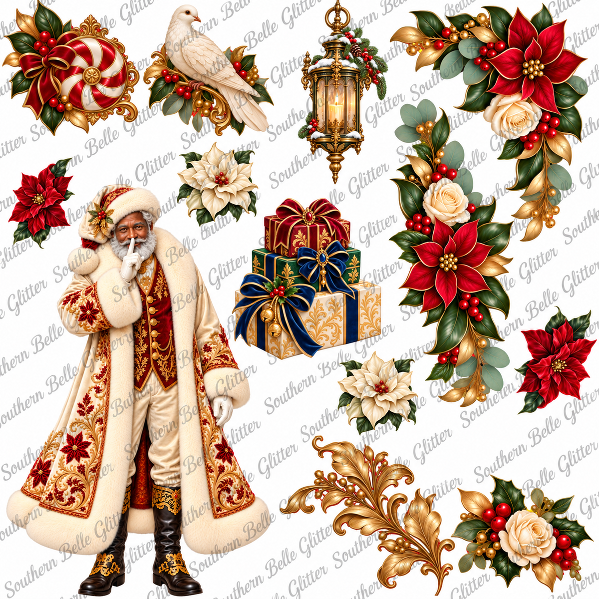 Victorian Secret Santa UVDTF transfer sheet with Southern Belle Glitter watermark on white background