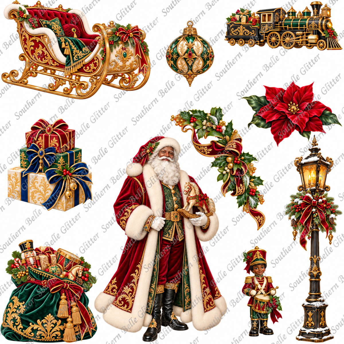 Victorian Toy Santa UVDTF transfer sheet with Southern Belle Glitter watermark on white background