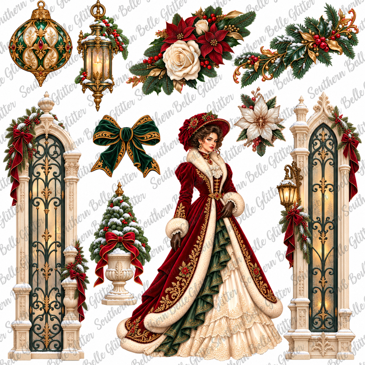 Victorian Winter Lady UVDTF transfer sheet with Southern Belle Glitter watermark on white background
